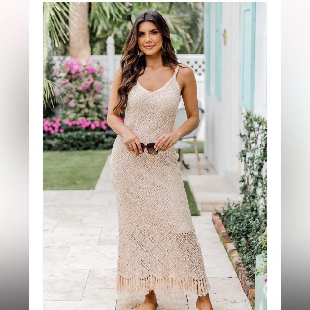 Pink Lily WANT YOUR LOVE TAUPE CROCHET FRINGE MIDI DRESS